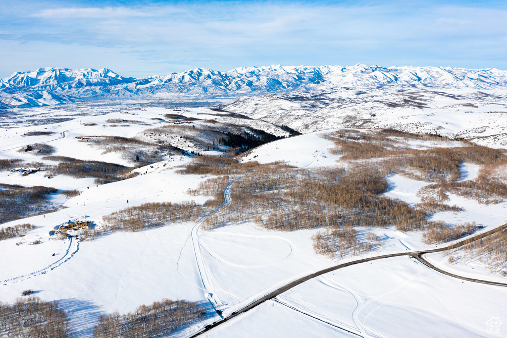 Snowy aerial view featuring a mountain view