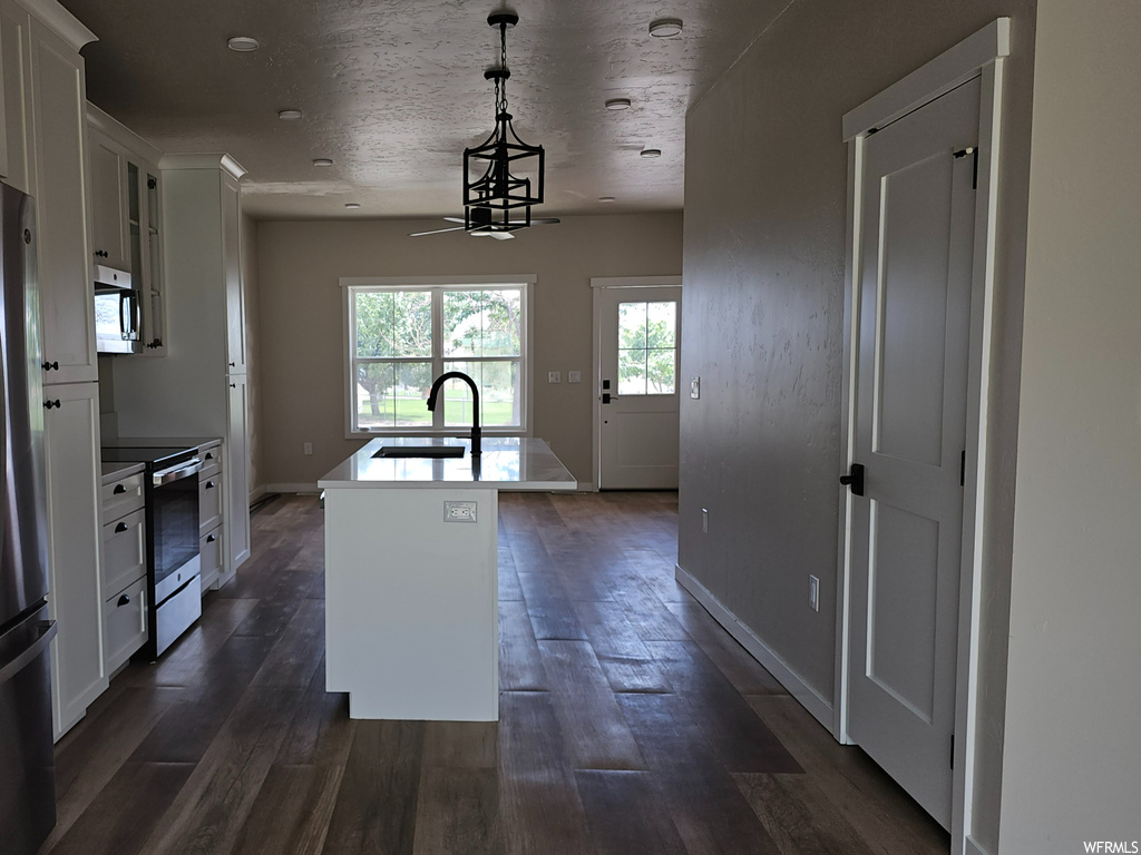 Kitchen featuring dark hardwood flooring and stainless steel appliances