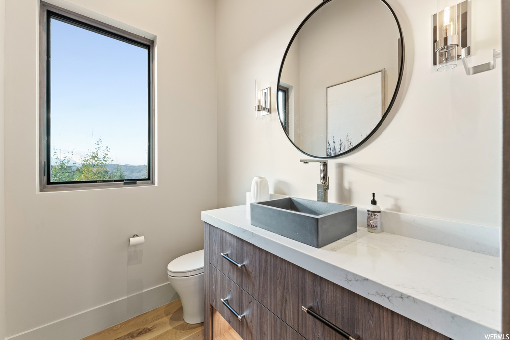 Bathroom featuring light hardwood flooring, vanity with extensive cabinet space, and mirror