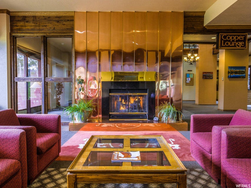 lobby with a fireplace