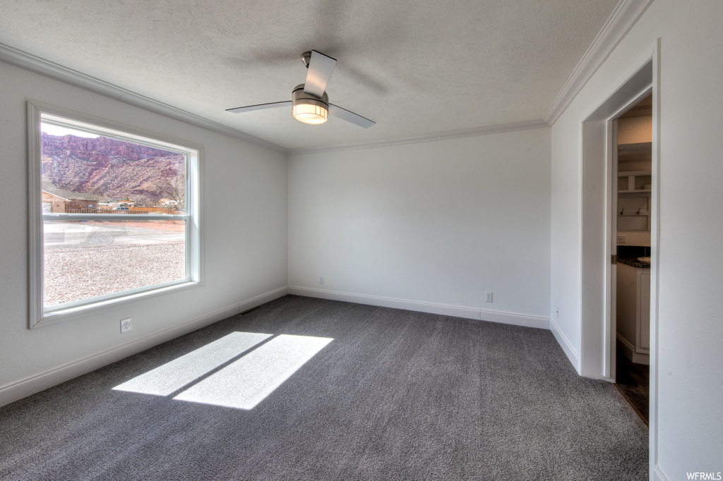 carpeted empty room featuring a ceiling fan