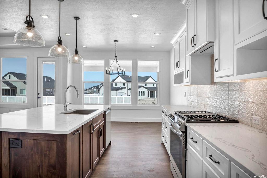 Kitchen featuring sink, hanging light fixtures, stainless steel appliances, an island with sink, and backsplash