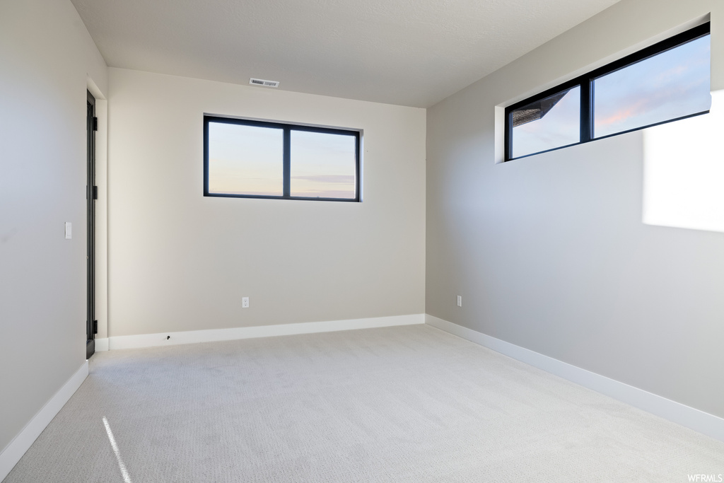 Unfurnished room featuring plenty of natural light and light carpet