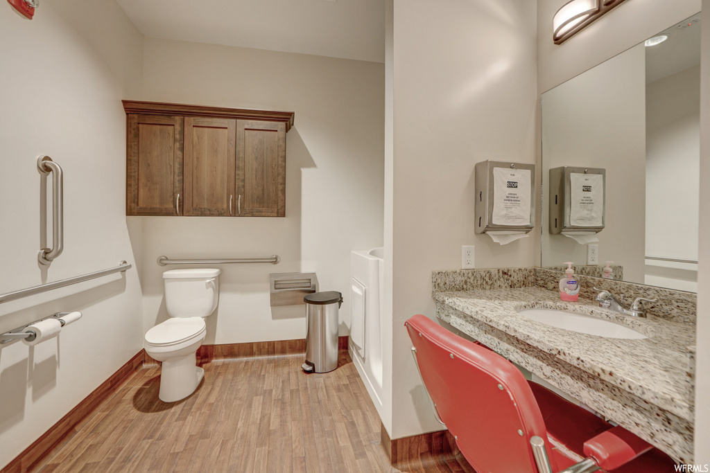 half bathroom featuring hardwood flooring, toilet, vanity, and mirror