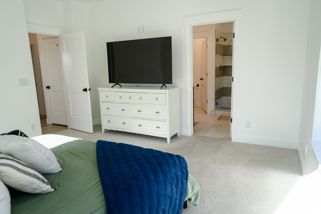 carpeted bedroom featuring TV