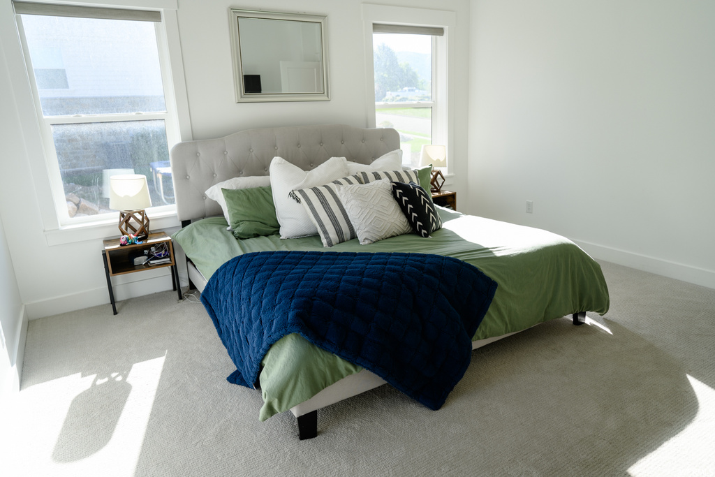 carpeted bedroom with multiple windows