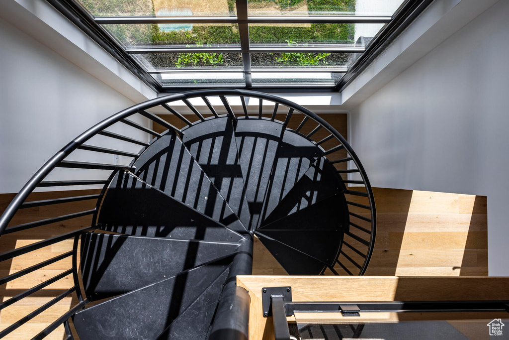 Stairway featuring a healthy amount of sunlight, a skylight, and hardwood / wood-style flooring