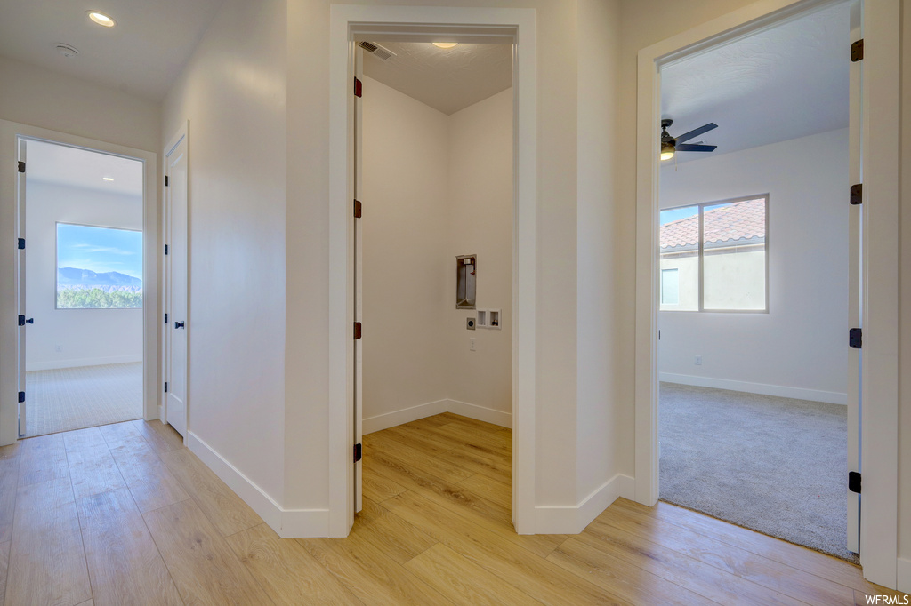 Corridor featuring a healthy amount of sunlight and hardwood flooring