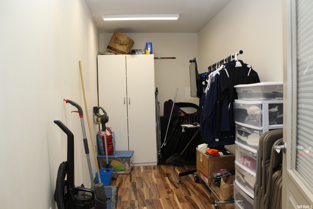 storage area featuring wood-type flooring