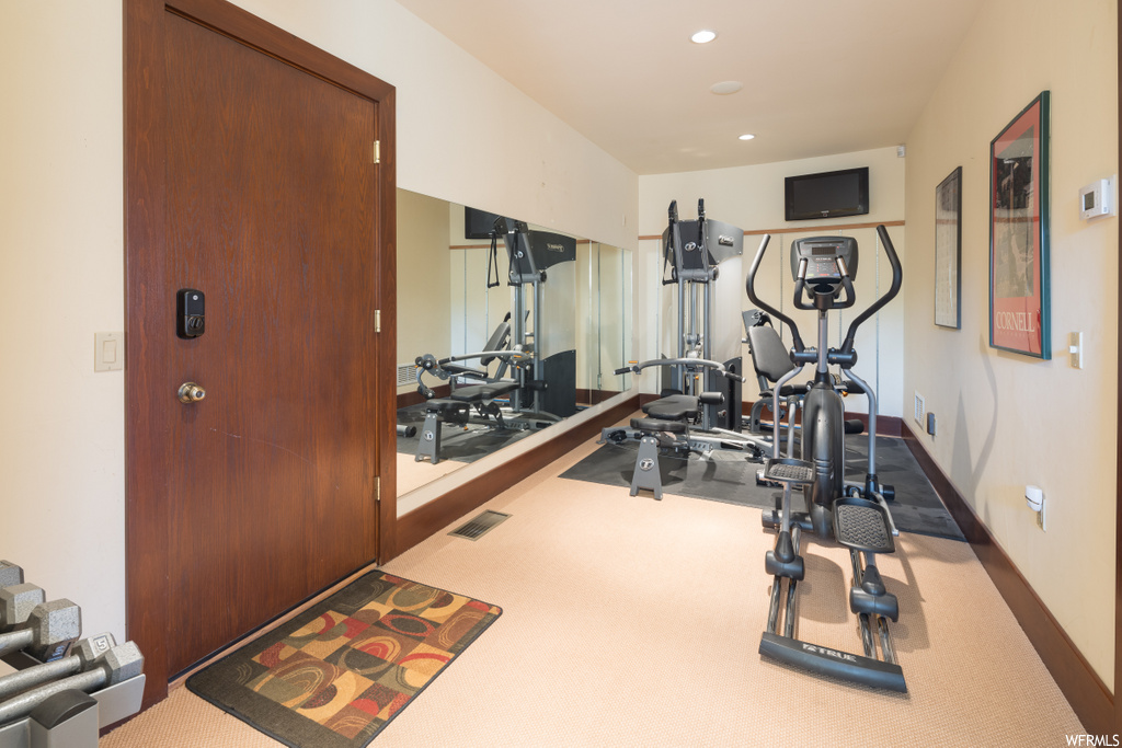 exercise area featuring carpet and TV