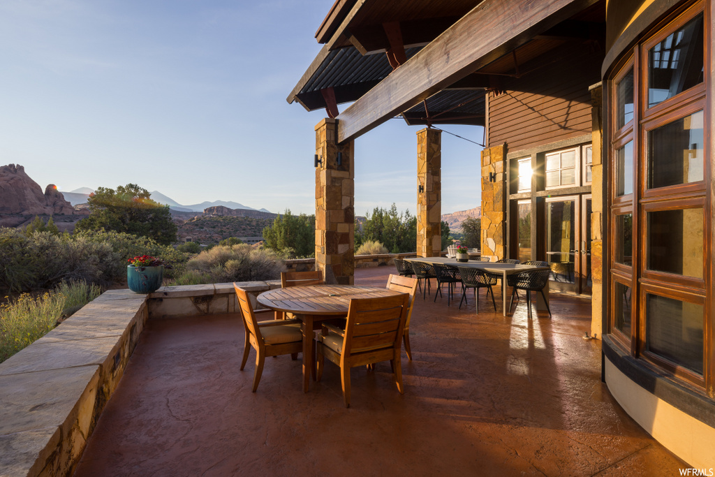 view of patio featuring a mountain view