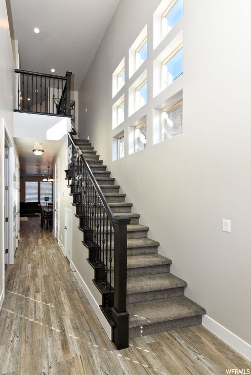 staircase with natural light, a high ceiling, and hardwood flooring