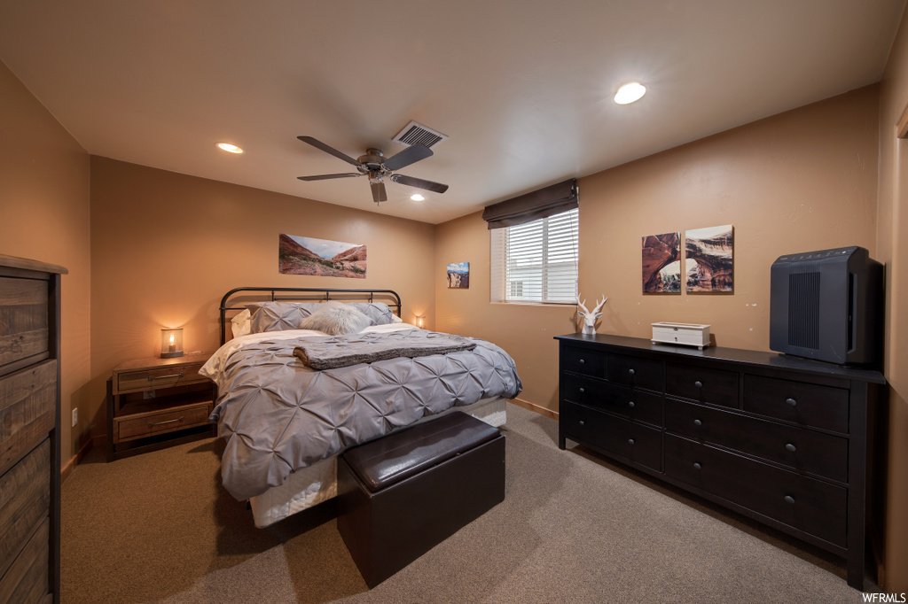 bedroom featuring natural light, carpet, a ceiling fan, and TV