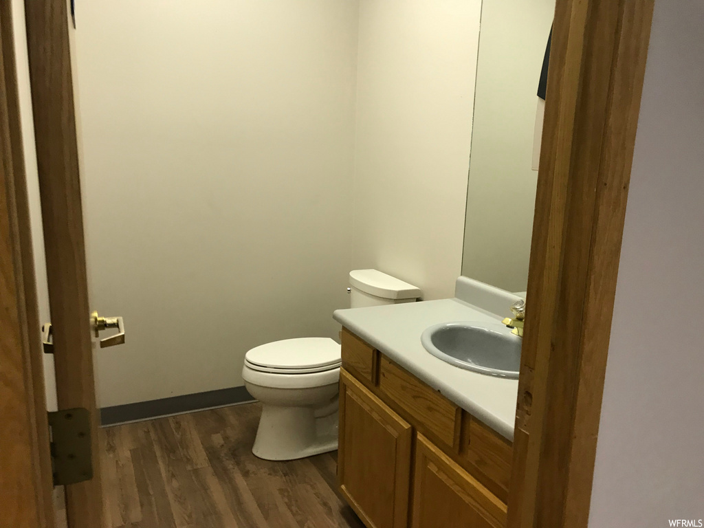 half bathroom with wood-type flooring, mirror, toilet, and vanity