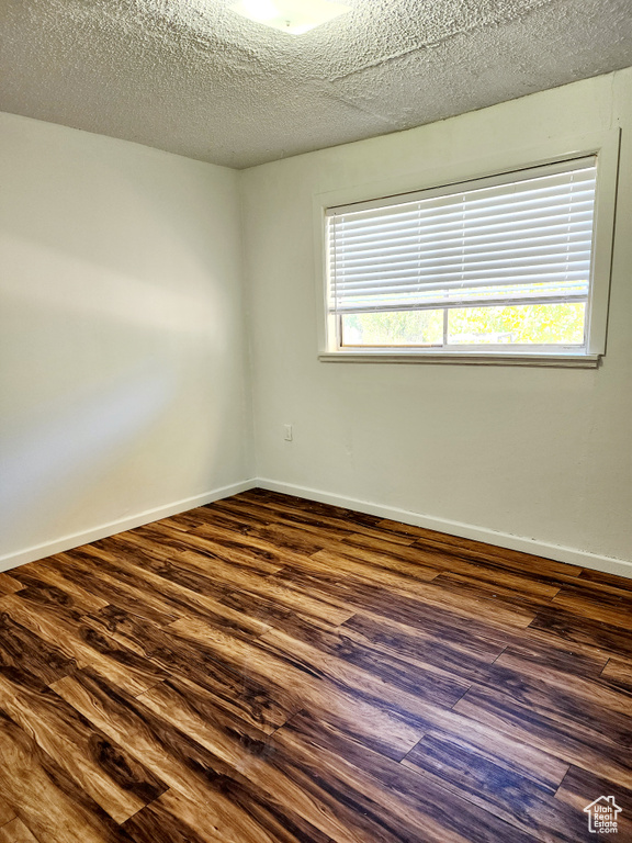 Empty room with a textured ceiling, a healthy amount of sunlight, and dark hardwood / wood-style floors