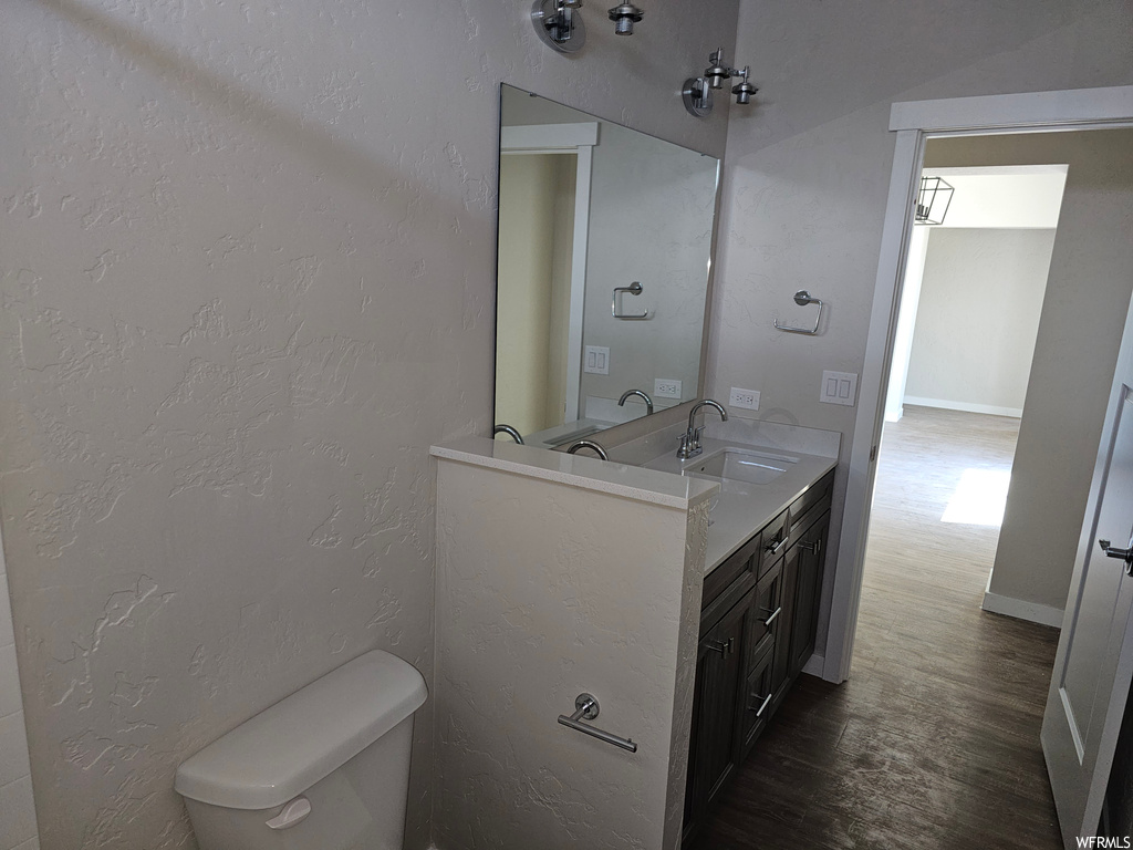 Bathroom with wood-type flooring, vanity, and mirror