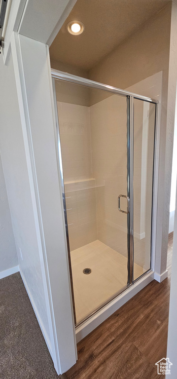 Bathroom with a shower with shower door and hardwood / wood-style floors