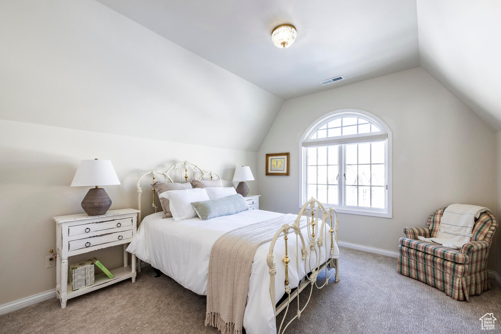 Bedroom with vaulted ceiling and carpet flooring