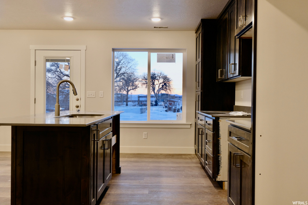 kitchen featuring natural light, dark brown cabinets, and light hardwood flooring