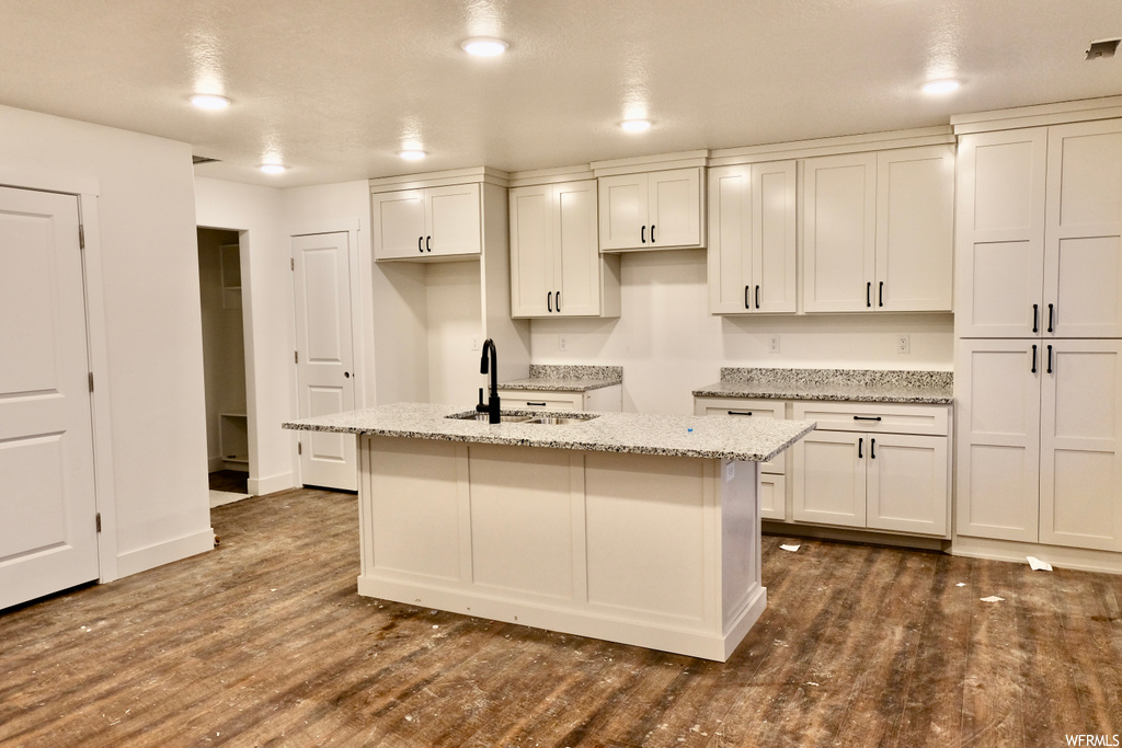 kitchen featuring hardwood flooring, white cabinetry, light stone countertops, and kitchen island sink