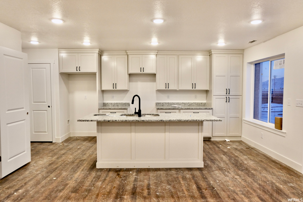 kitchen featuring wood-type flooring, white cabinetry, kitchen island sink, and light countertops