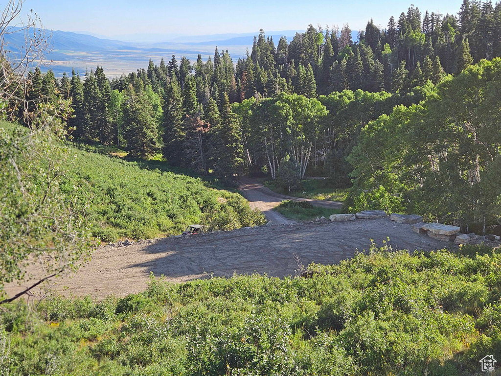 Aerial view of property's location featuring a forest and a mountainous background