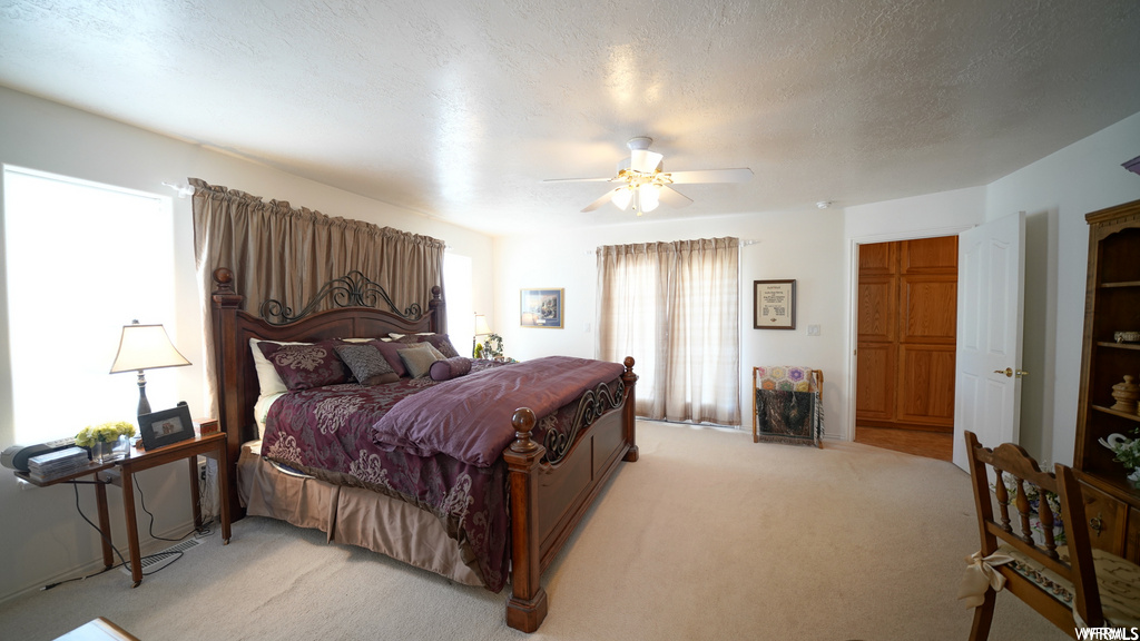 carpeted bedroom with multiple windows and a ceiling fan
