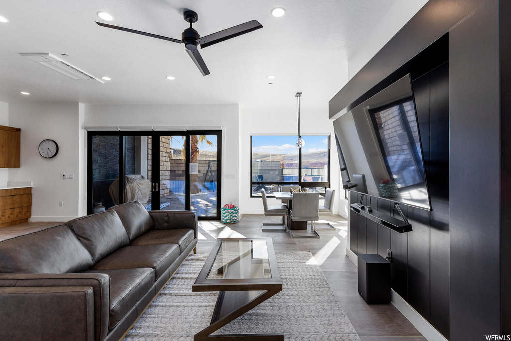 living room with natural light, a ceiling fan, and TV