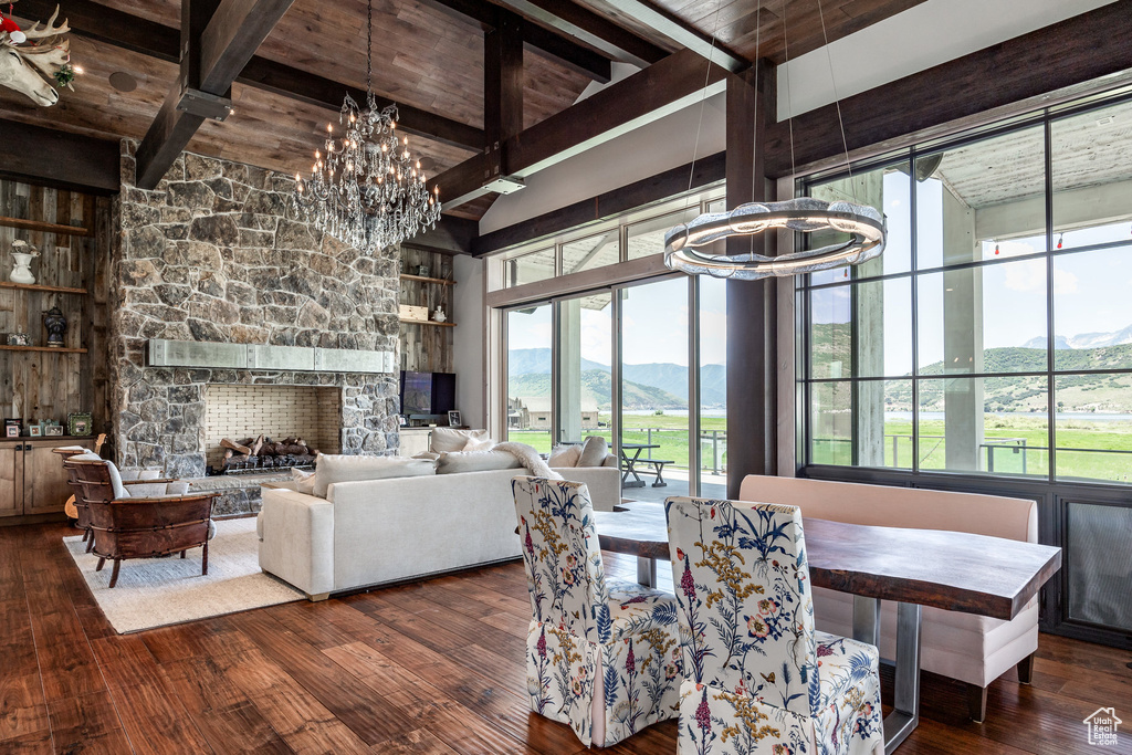 Dining room featuring a chandelier, beamed ceiling, plenty of natural light, wood-type flooring, and wooden ceiling