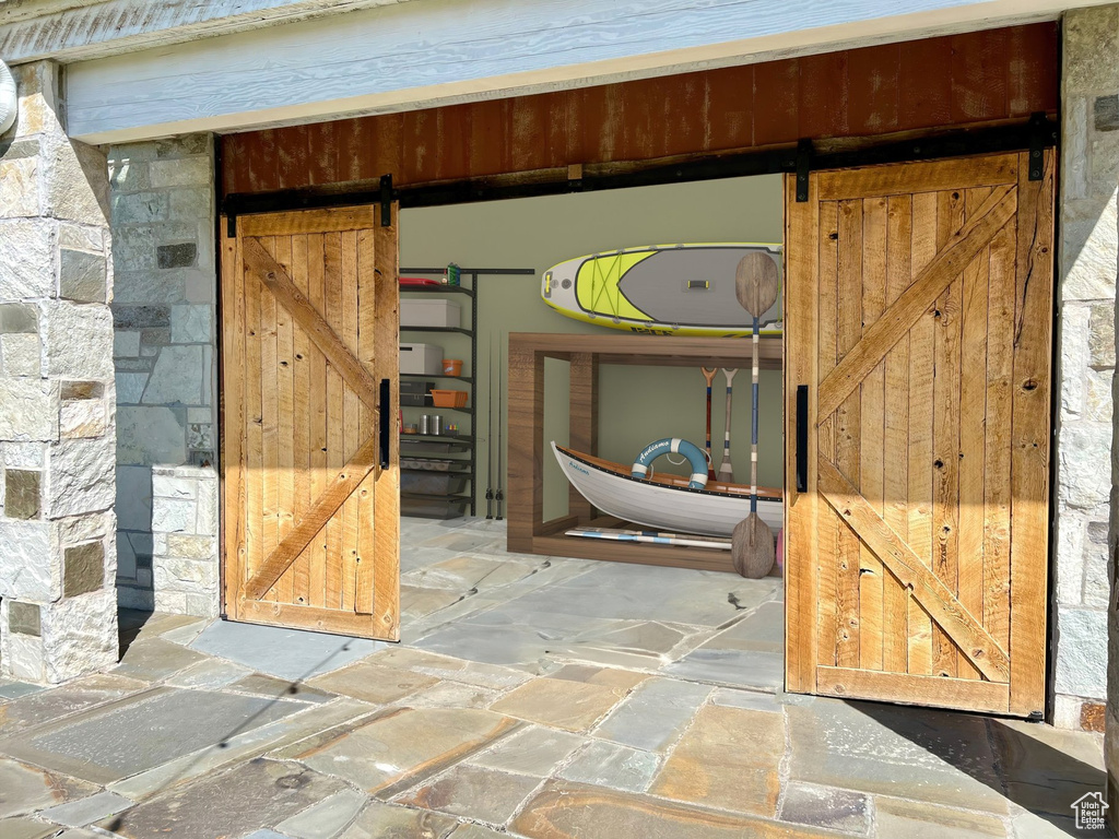 Exterior space with a barn door