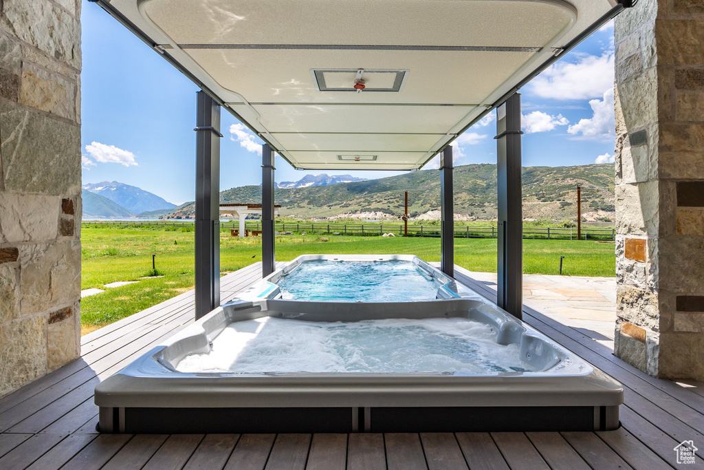 Wooden deck with a mountain view