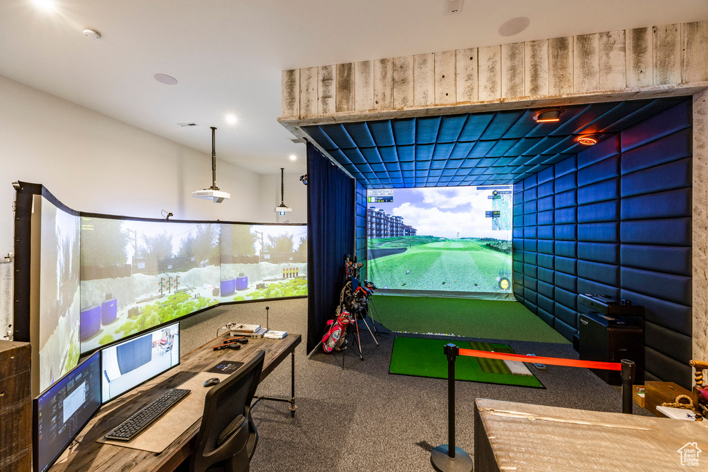 Rec room featuring golf simulator and carpet