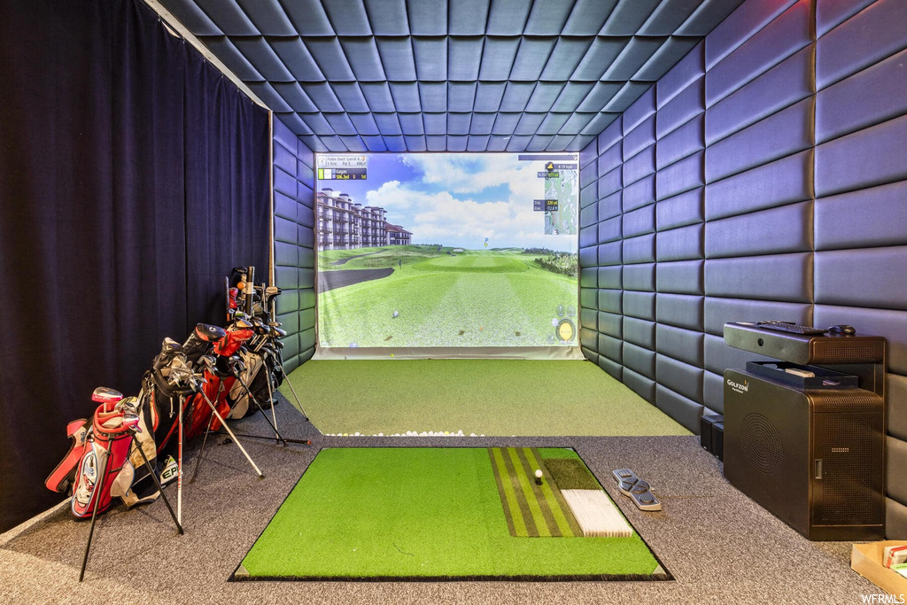 Rec room featuring dark carpet and golf simulator
