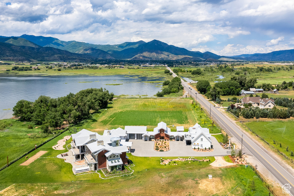 Aerial view of a water and mountain view