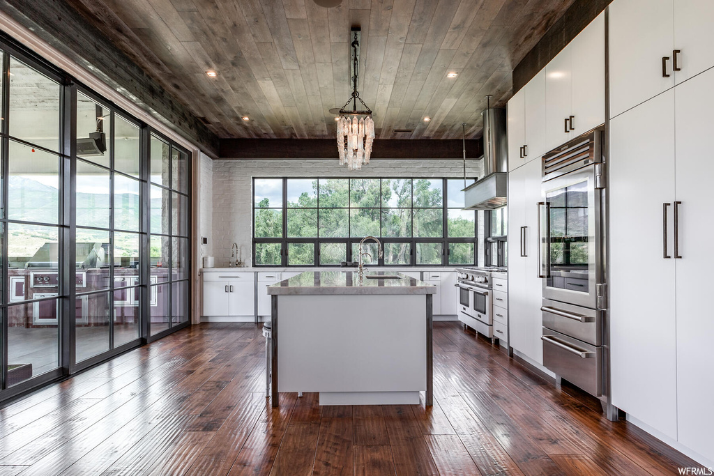Kitchen featuring hanging light fixtures, an island with sink, white cabinetry, dark hardwood / wood-style flooring, and wooden ceiling