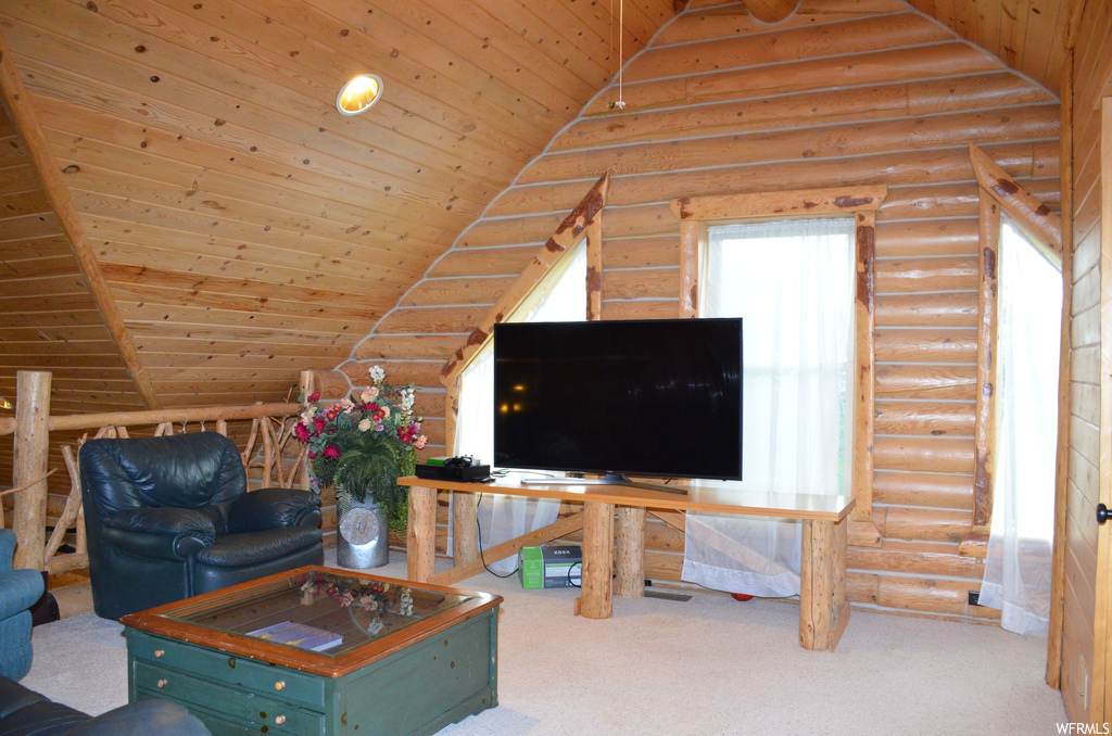 Carpeted living room with lofted ceiling and TV