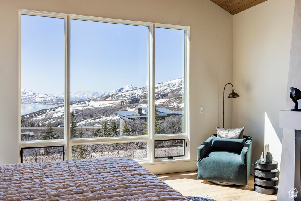 Bedroom with vaulted ceiling, a mountain view, and light hardwood / wood-style floors