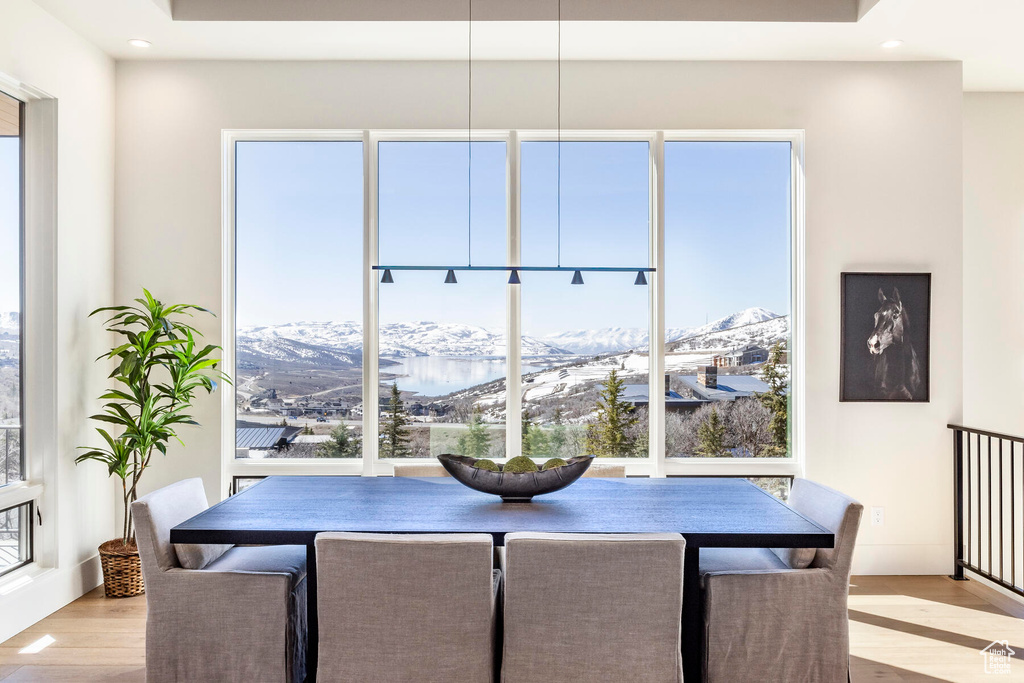 Dining space featuring a mountain view, a healthy amount of sunlight, and light hardwood / wood-style flooring