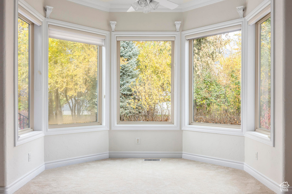 Unfurnished sunroom with ceiling fan and a wealth of natural light