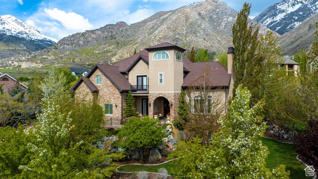 View of front of property with a mountain view