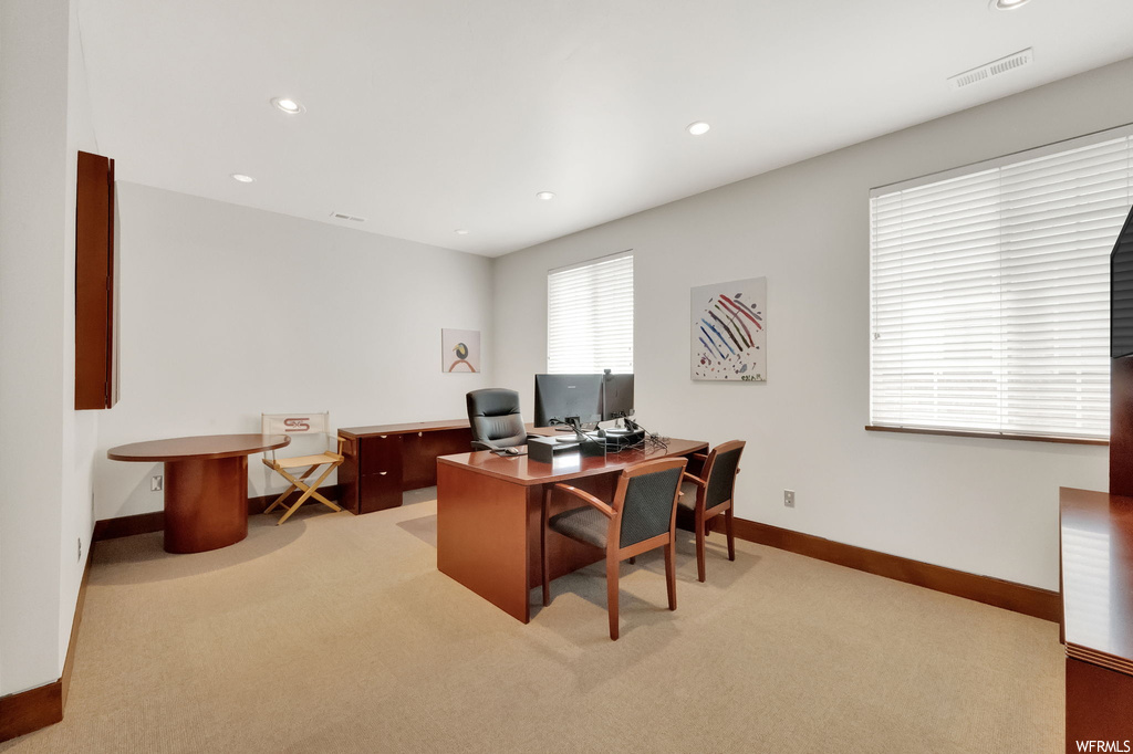 Office space featuring light carpet