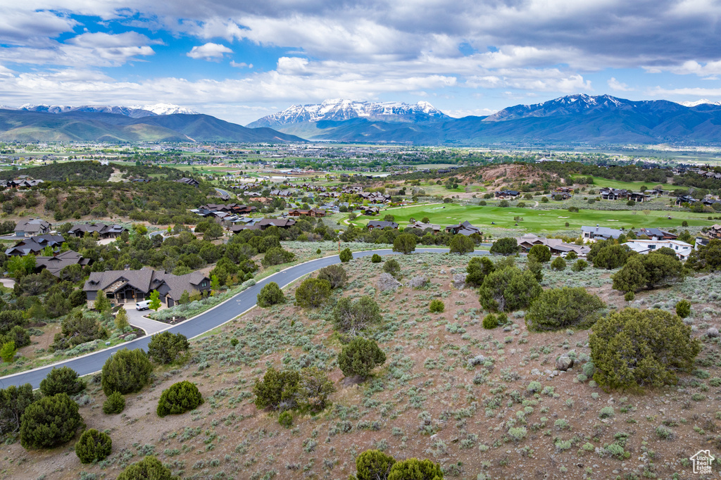 Aerial perspective of suburban area with a mountain backdrop