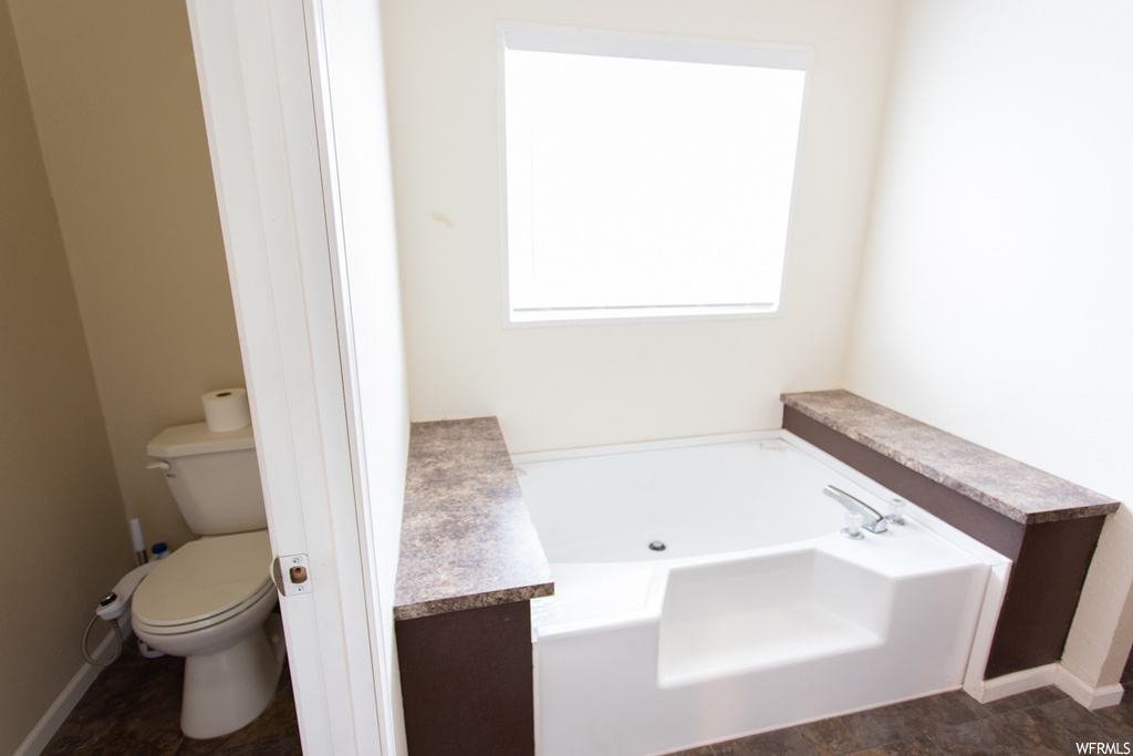 Bathroom featuring natural light, toilet, vanity, and a bathing tub