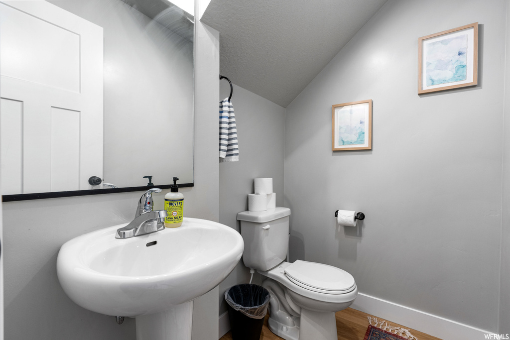 Half bath featuring lofted ceiling, toilet, mirror, and sink
