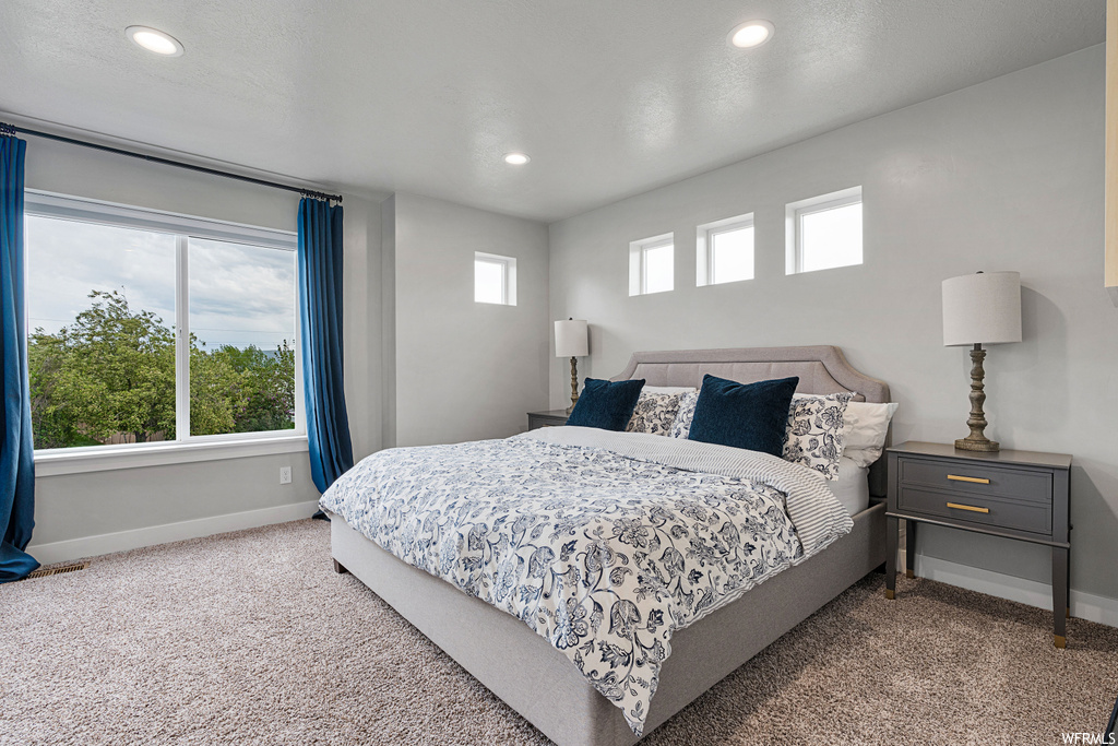 Carpeted bedroom with natural light