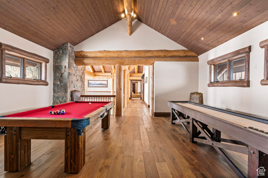 Rec room with billiards, hardwood / wood-style floors, lofted ceiling with beams, and wooden ceiling