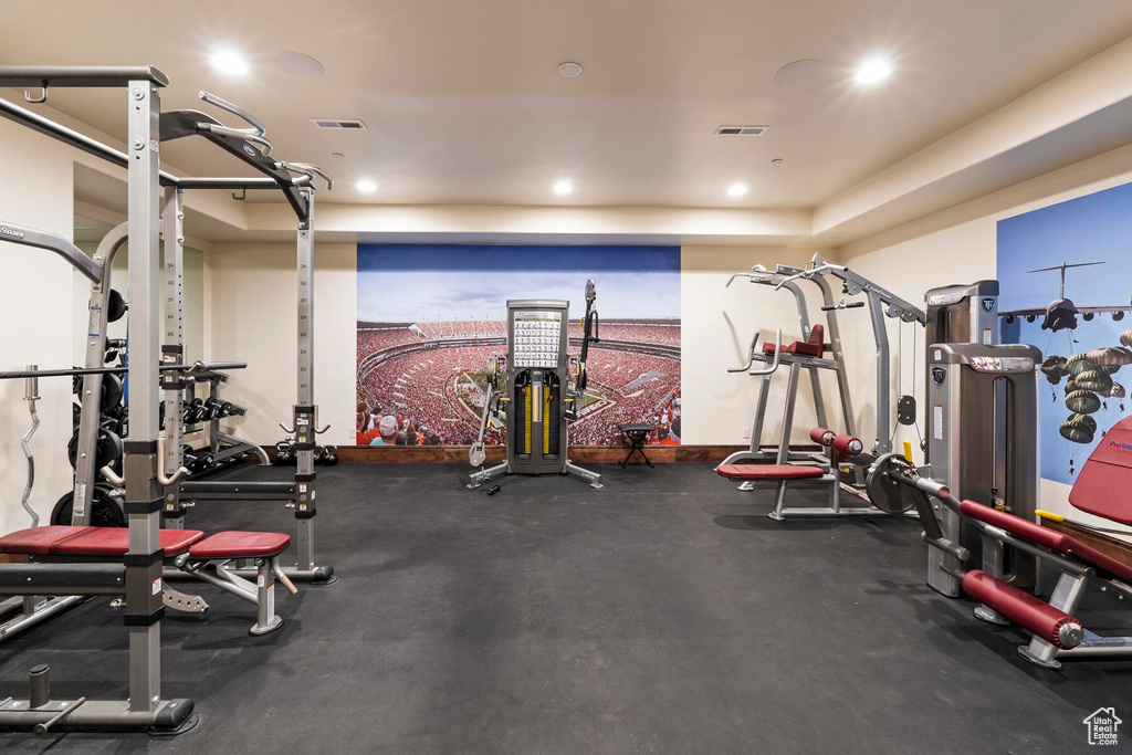 Exercise room with a tray ceiling