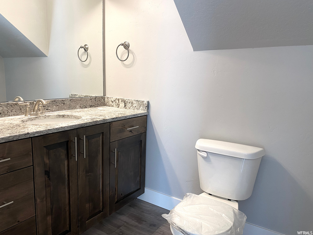 Half bath featuring wood-type flooring, toilet, mirror, and oversized vanity