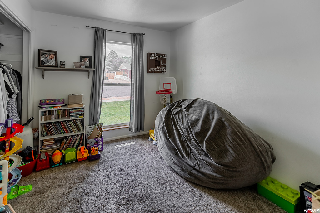 Playroom with a healthy amount of sunlight and carpet