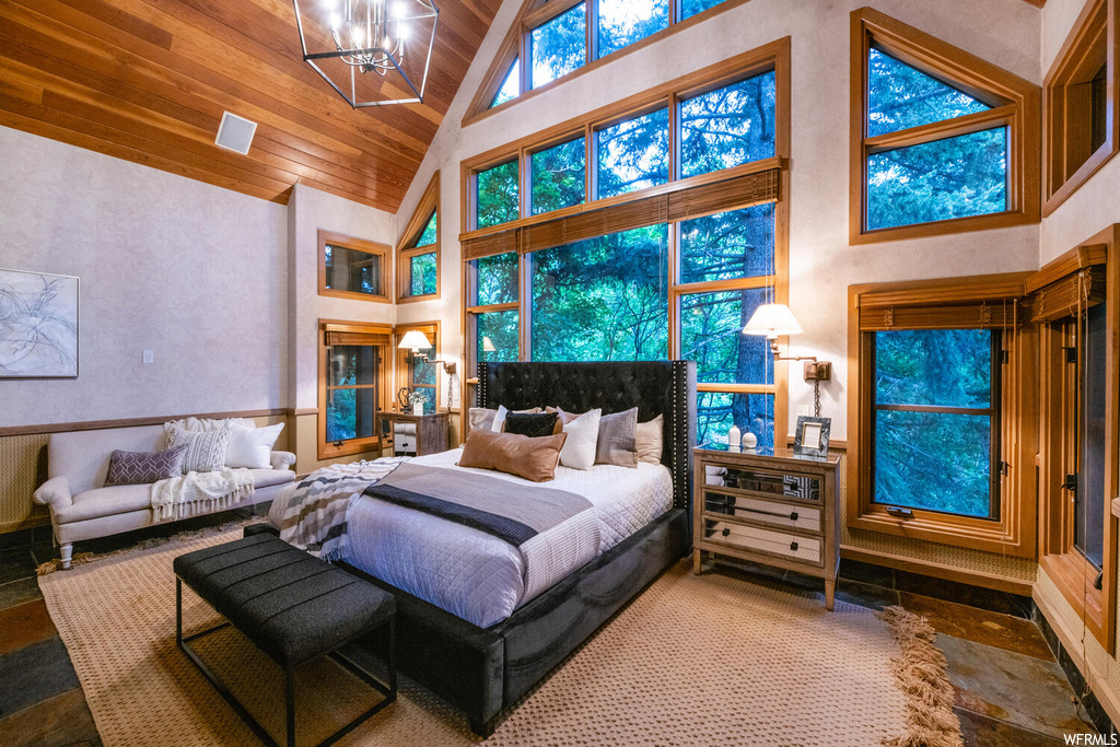 Bedroom featuring vaulted ceiling, a high ceiling, and natural light